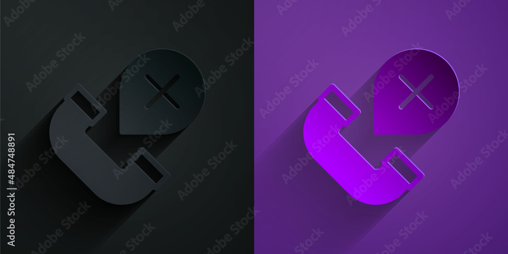 Paper cut Declined or missed phone call icon isolated on black on purple background. Telephone hands