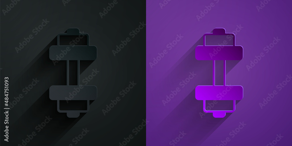 Paper cut Dumbbell icon isolated on black on purple background. Muscle lifting, fitness barbell, spo