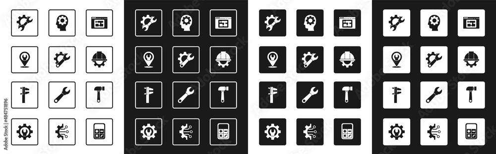 Set House plan, Wrench spanner and gear, Location with wrench, Worker safety helmet, Human head insi