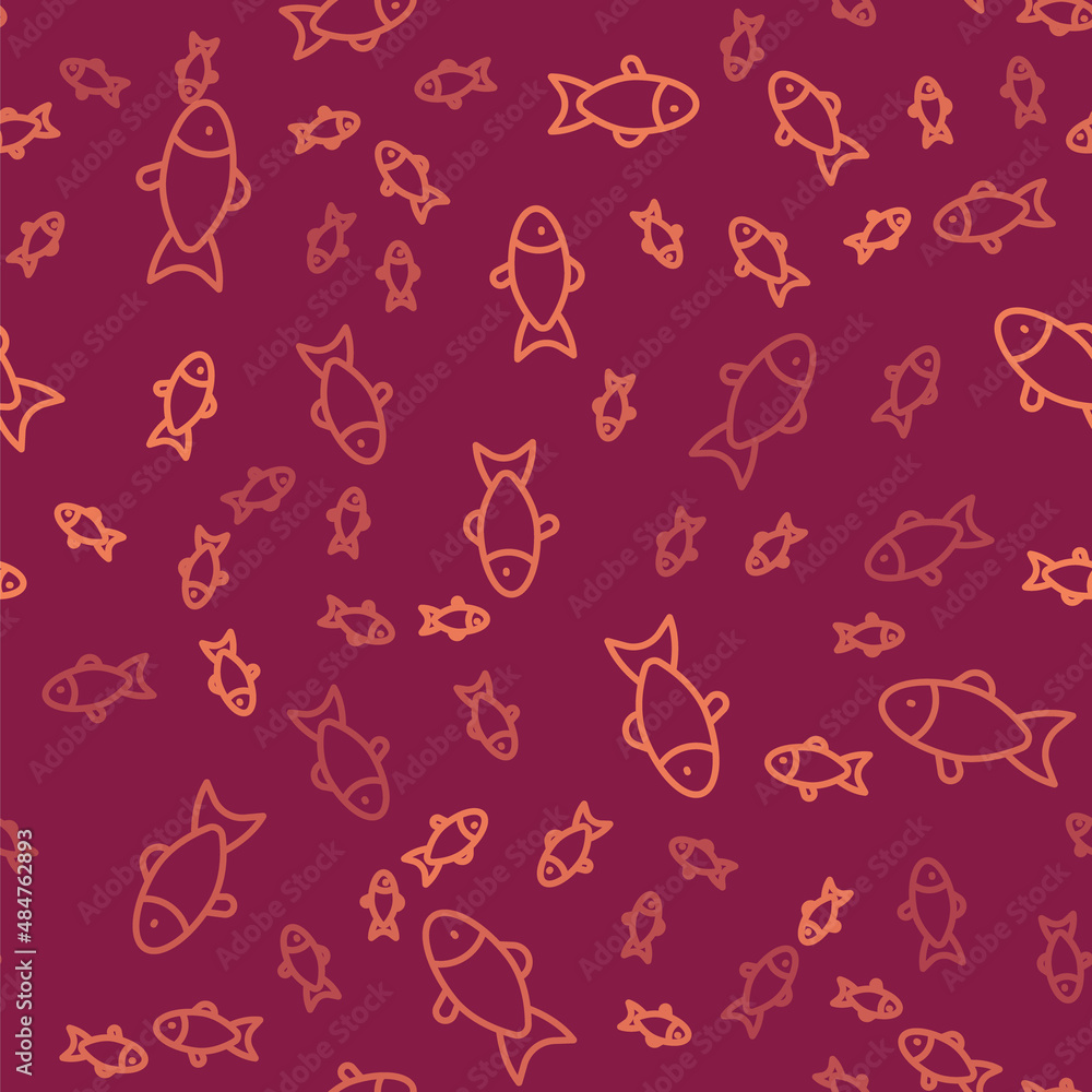 Brown line Fish icon isolated seamless pattern on red background. Vector