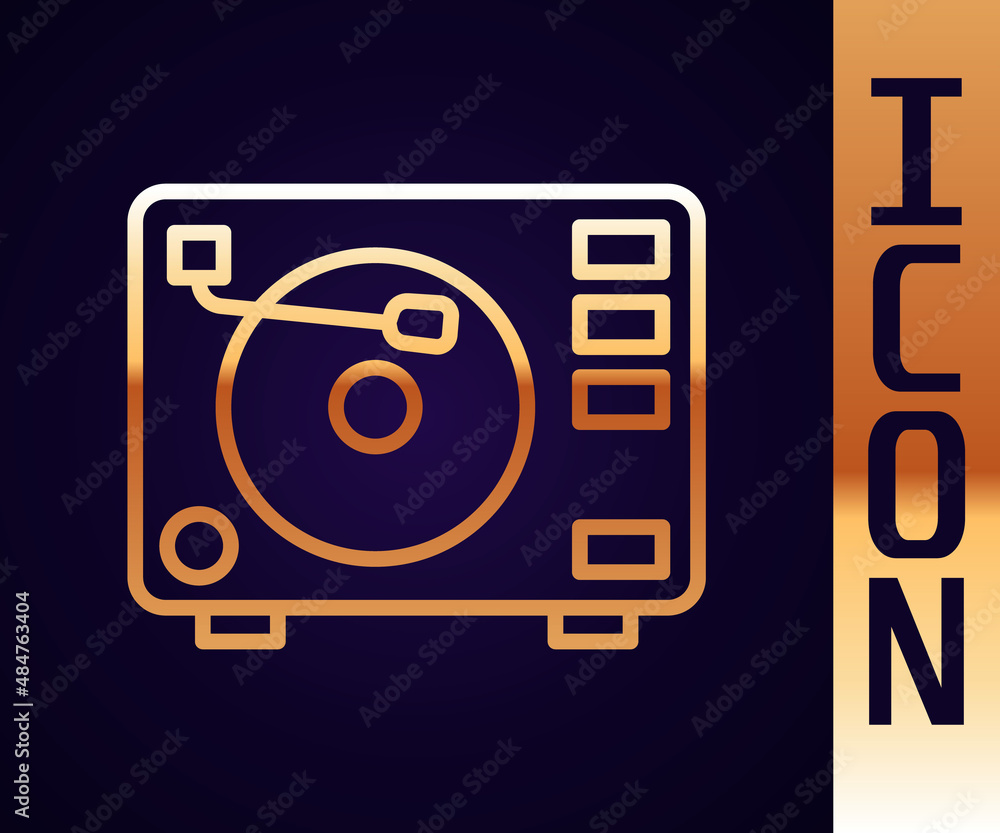 Gold line Vinyl player with a vinyl disk icon isolated on black background. Vector