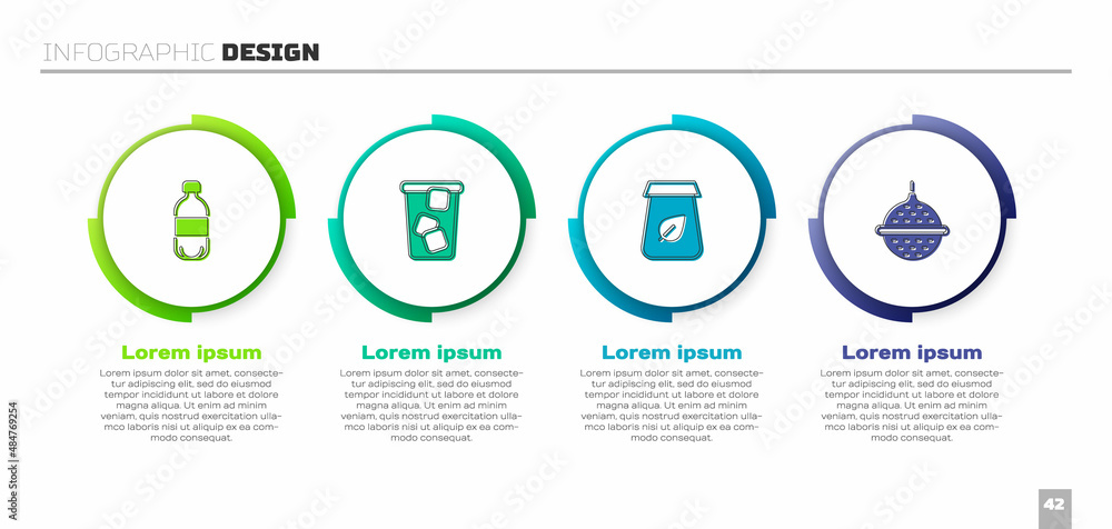 套装瓶装水、冰茶、茶叶包装和滤球器。商业信息图模板。矢量