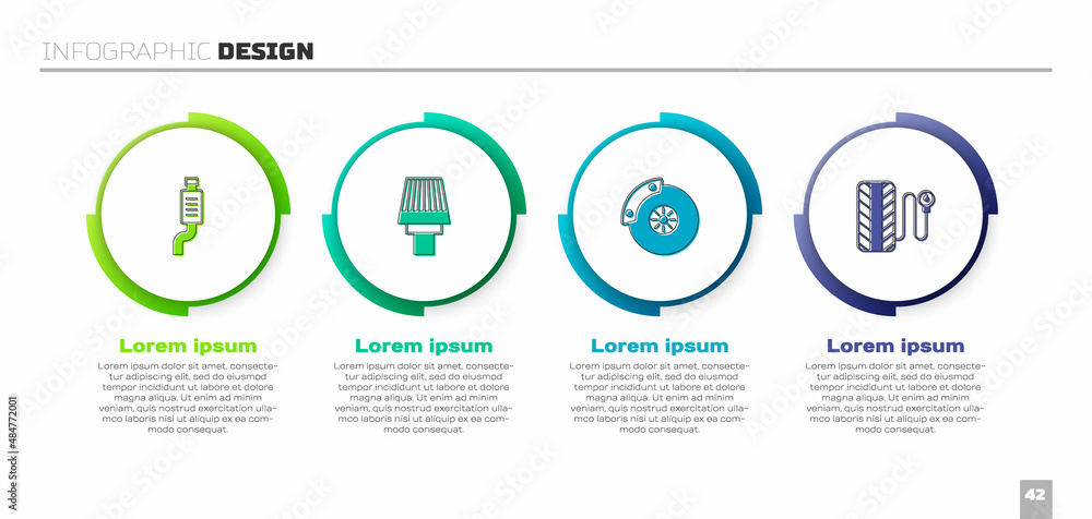 设置汽车消音器、空气滤清器、带卡钳的制动盘和轮胎压力表。商业信息图t