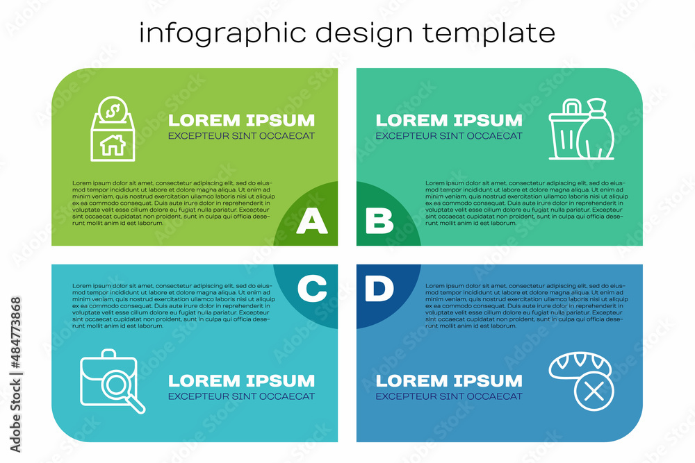 设定工作搜索、捐赠和慈善、食品和垃圾桶。商业信息图模板。Vecto