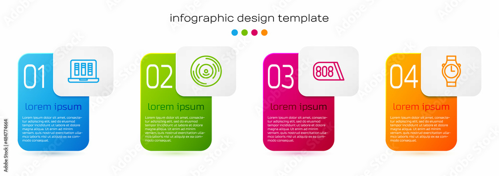 Set line Sound or audio recorder, Vinyl disk, Drum machine music and Wrist watch. Business infograph