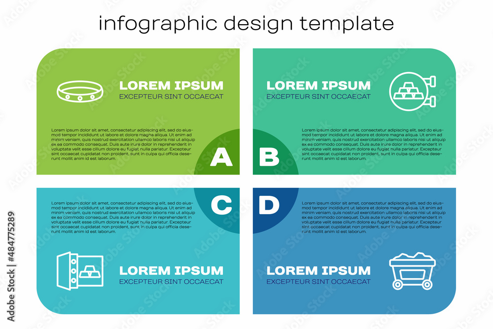 用金条、金戒指、矿车和珠宝店设置安全线。商业信息图模板。