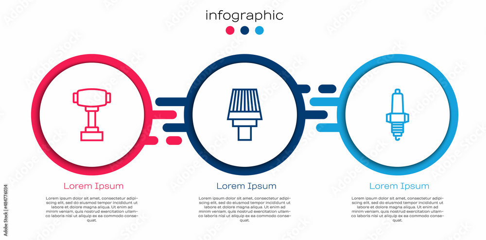 Set line Gear shifter, Car air filter and spark plug. Business infographic template. Vector