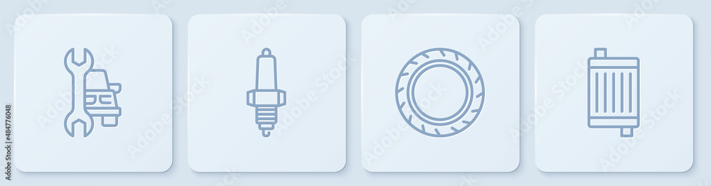 Set line Car service, tire wheel, spark plug and radiator cooling system. White square button. Vecto