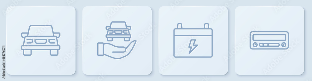 设置线路汽车、电池、汽车服务检查汽车和音频。白色方形按钮。矢量