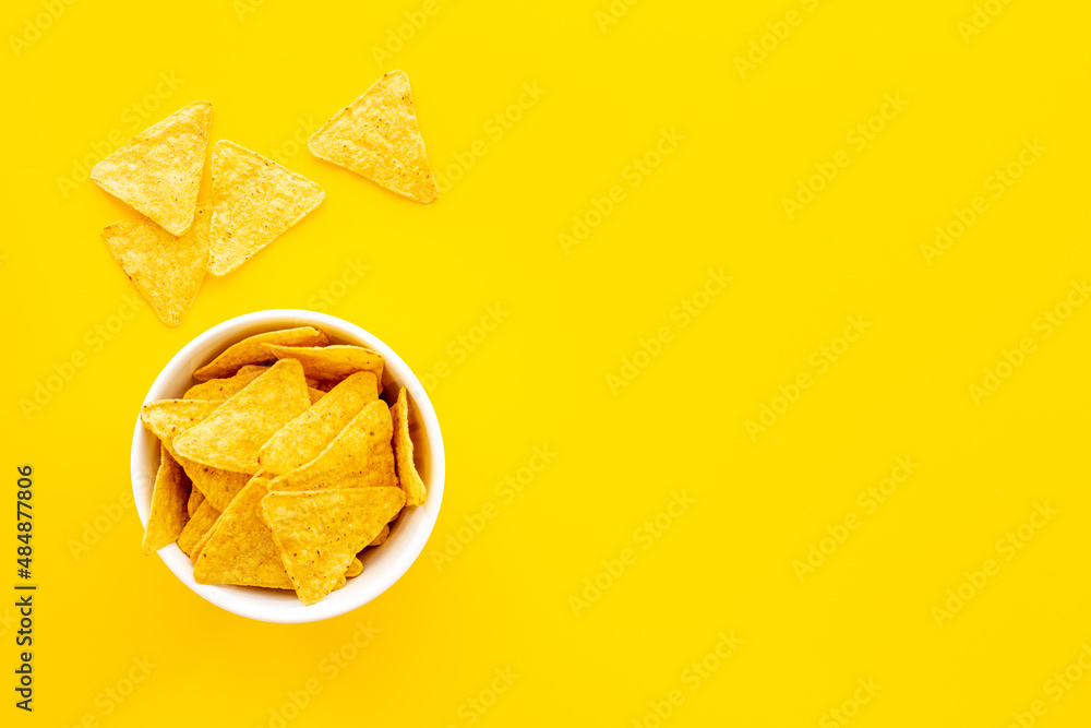 Mexican food nachos chips in bowl top view