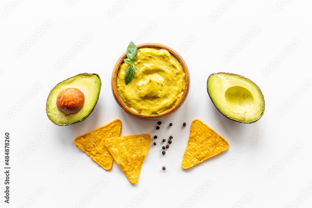 Guacamole sause with avocado and nachos chips