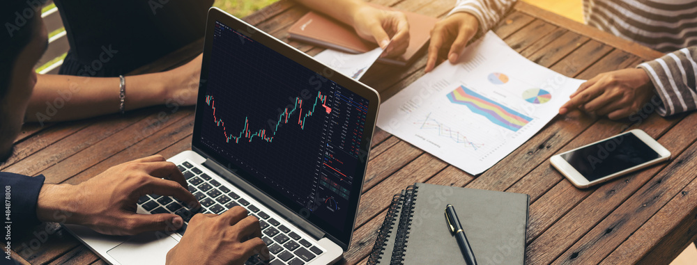 Stock market data chart analysis by ingenious computer software . Investment application display sto