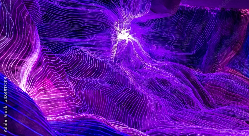 Abstract wave of digital weave lines connecting network dots and dark background . Modern 3D mesh pa