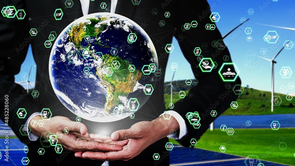 Conceptual environmental conservation and sustainable ESG development . 3D render computer graphic .