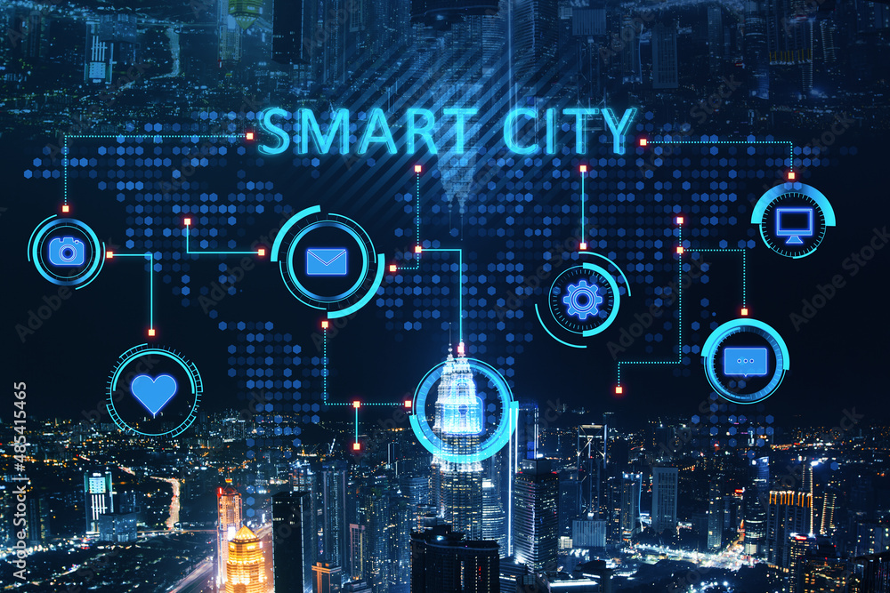 Abstract glowing smart city background with digital hologram and dark night sky. AI and technology c