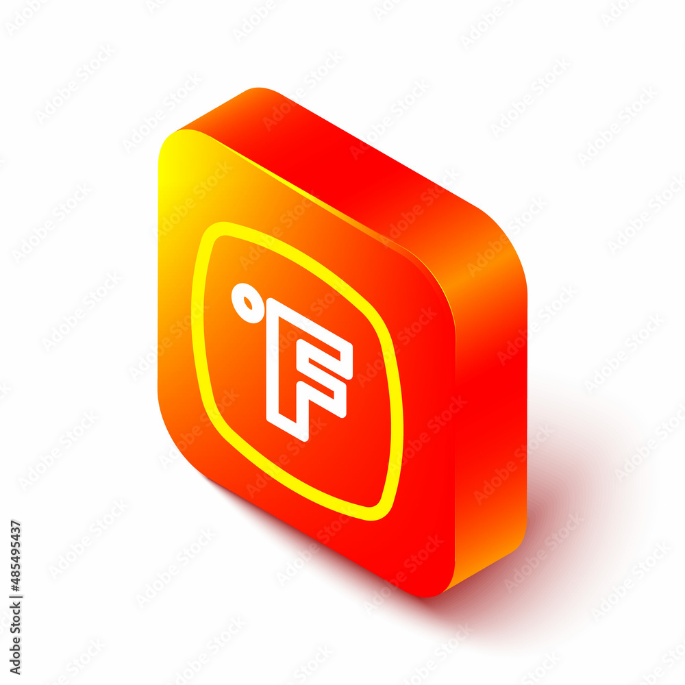 Isometric line Fahrenheit icon isolated on white background. Orange square button. Vector