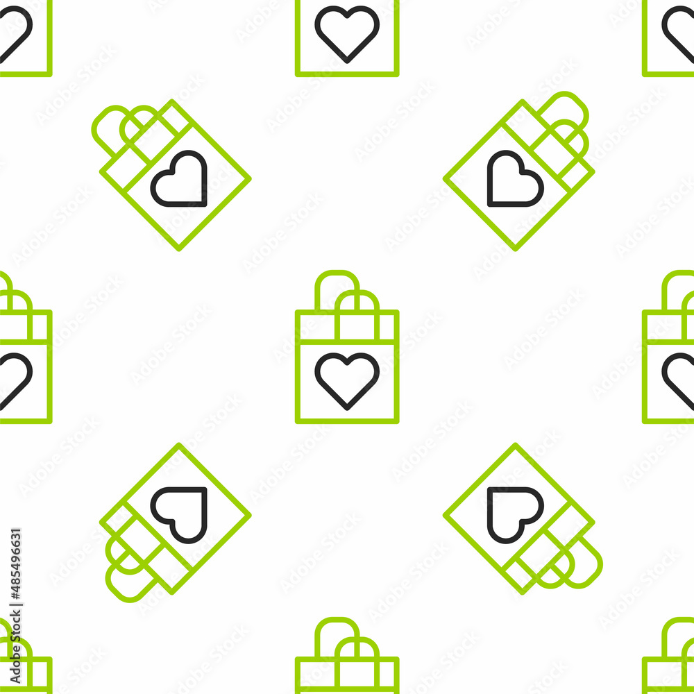 Line Shopping bag with heart icon isolated seamless pattern on white background. Shopping bag shop l