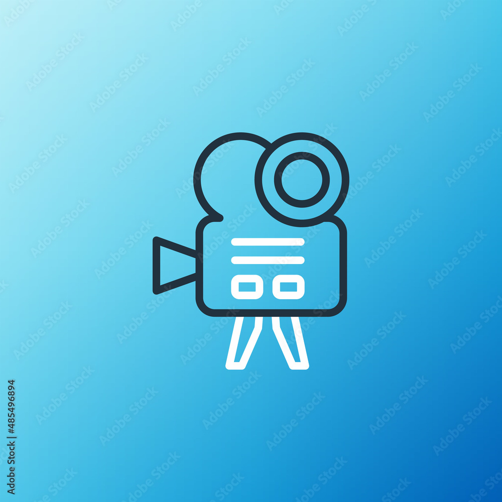 Line Retro cinema camera icon isolated on blue background. Video camera. Movie sign. Film projector.