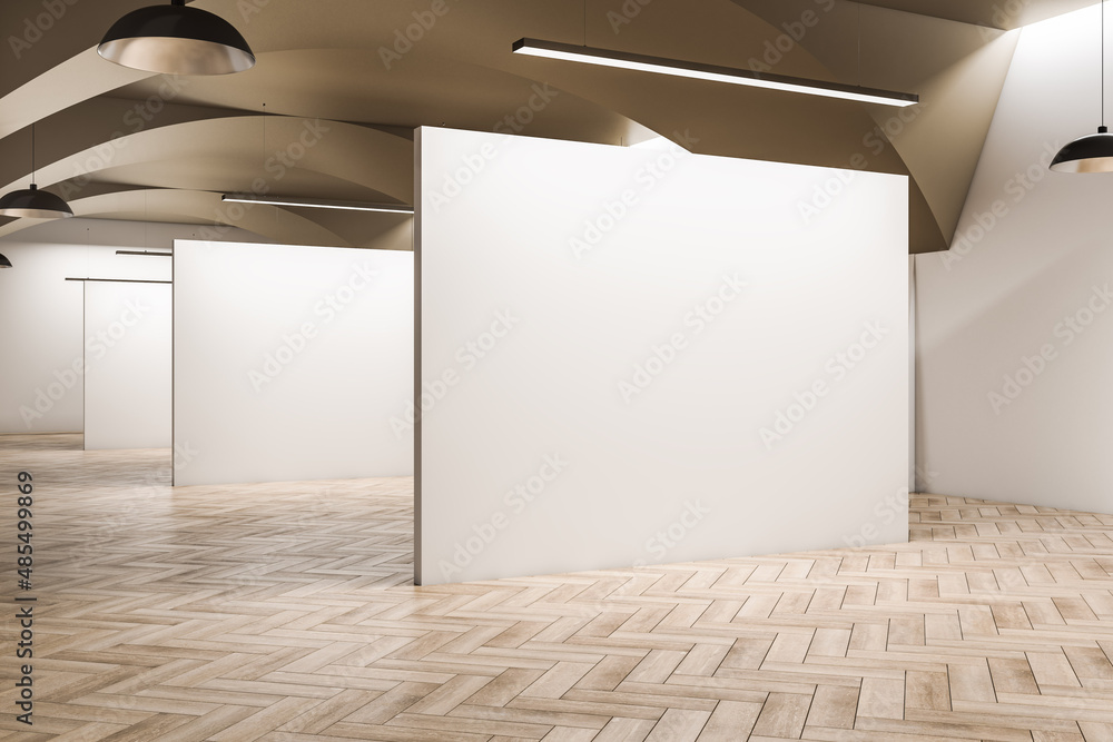 Luxury exhibition hall interior with concrete wall and wooden flooring, blank mock up place. Gallery