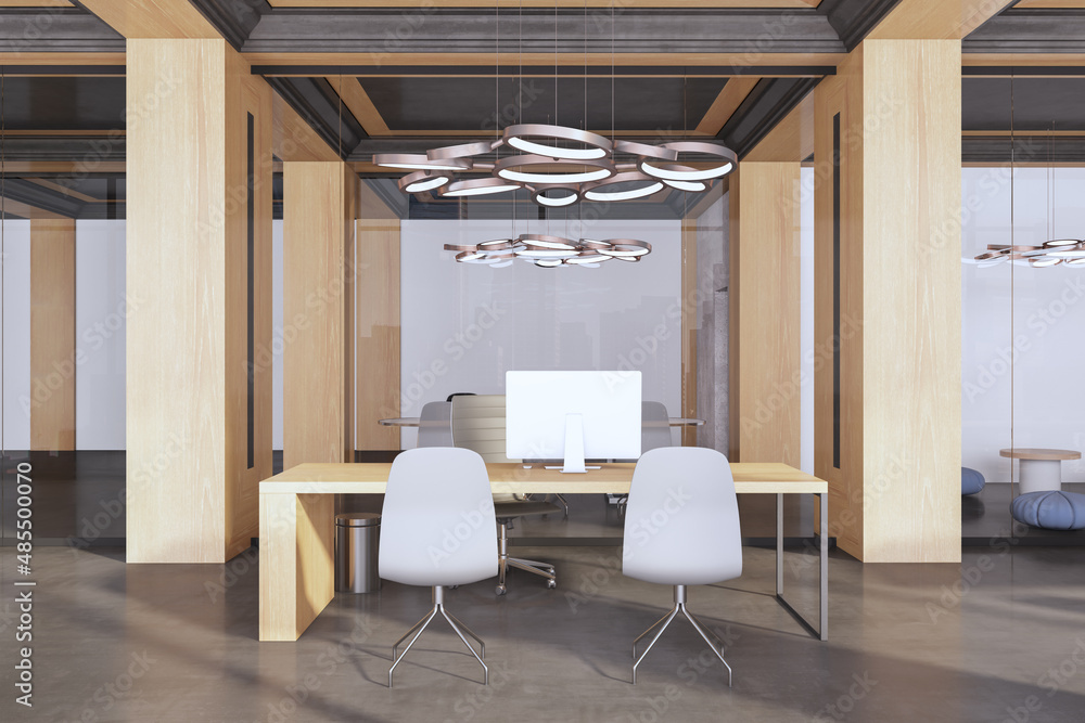 Simple classical concrete and wooden office room interior with furniture and equipment. 3D Rendering