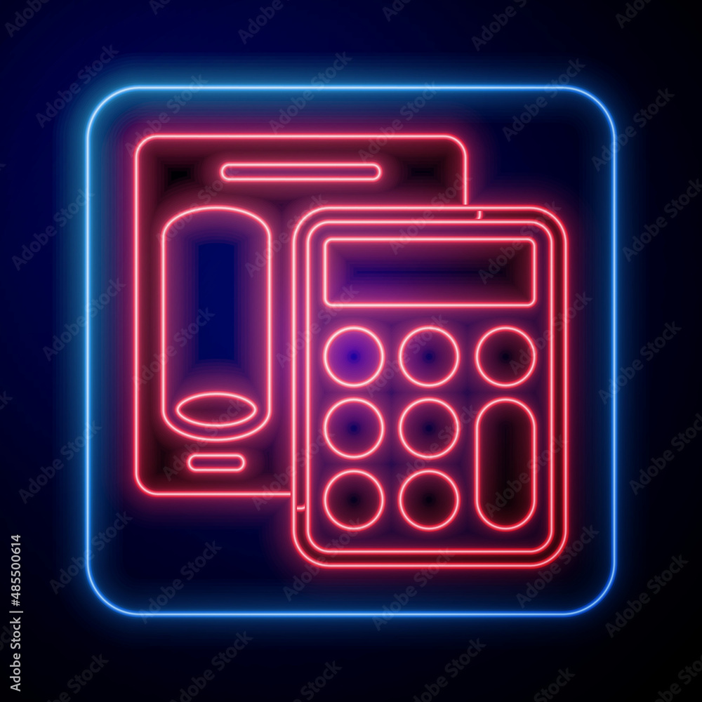 Glowing neon Calculator icon isolated on black background. Accounting symbol. Business calculations 