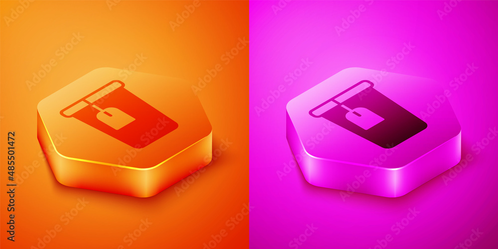 Isometric Cup with tea bag icon isolated on orange and pink background. Hexagon button. Vector