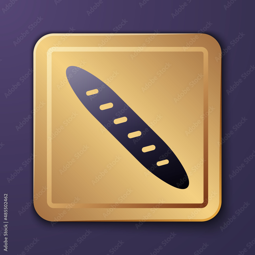 Purple French baguette bread icon isolated on purple background. Gold square button. Vector