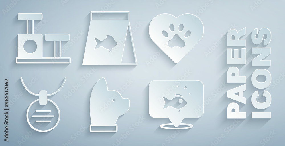 Set Cat, Heart with animals footprint, Collar name tag, Fish, Food for fish and scratching post toy 