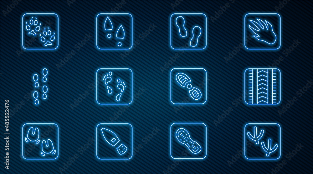 Set line Dove paw footprint, Tire track, Human footprints shoes, Fox, and icon. Vector