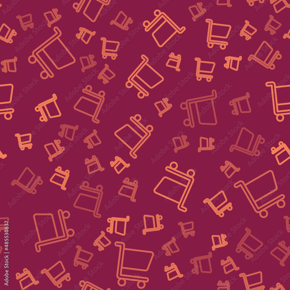 Brown line Shopping cart icon isolated seamless pattern on red background. Online buying concept. De