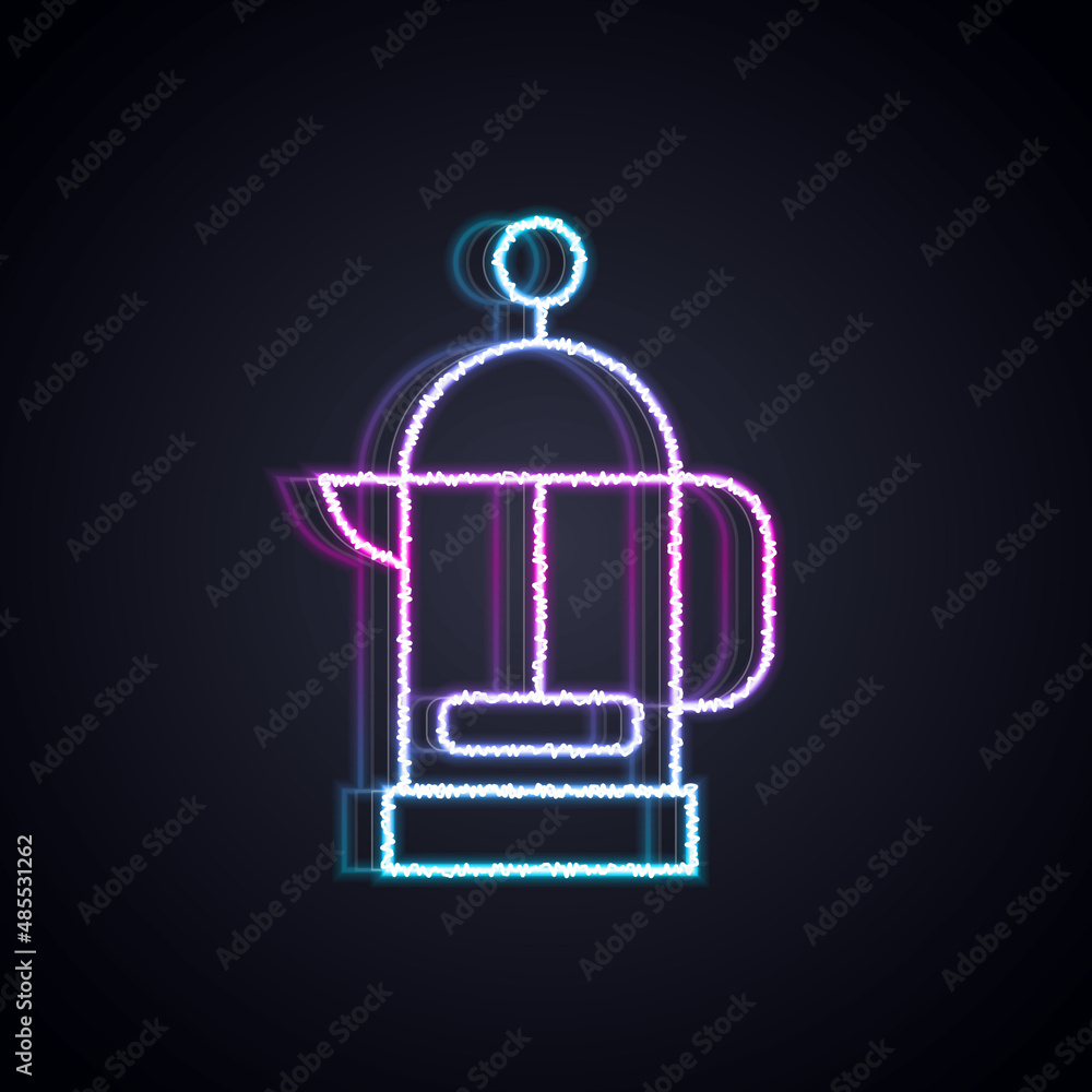 Glowing neon line French press icon isolated on black background. Vector