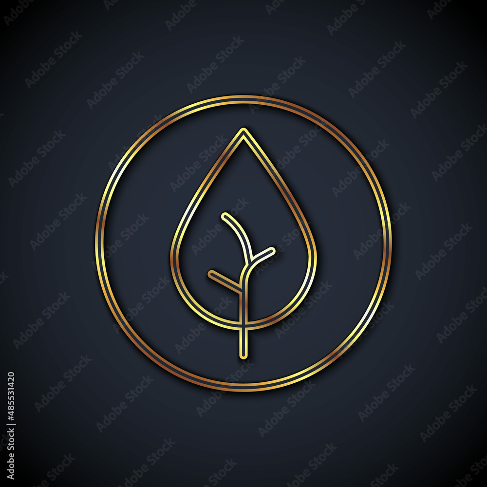 Gold line Tea leaf icon isolated on black background. Tea leaves. Vector