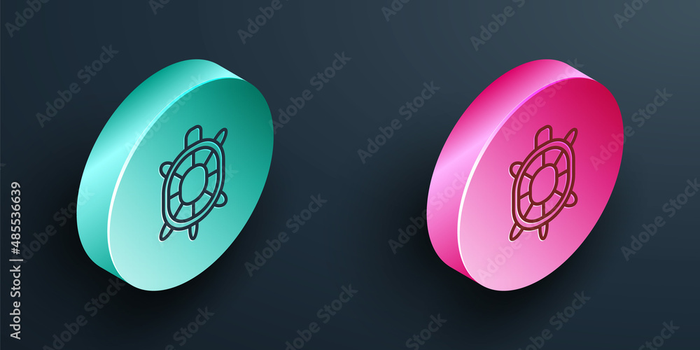 Isometric line Turtle icon isolated on black background. Turquoise and pink circle button. Vector