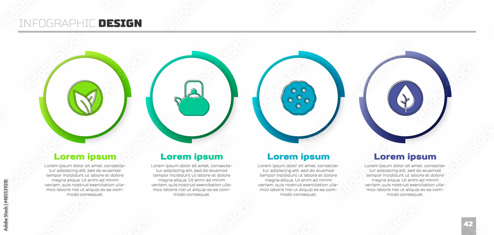 设置茶叶、带把手的水壶、饼干或饼干和。商业信息图模板。矢量
