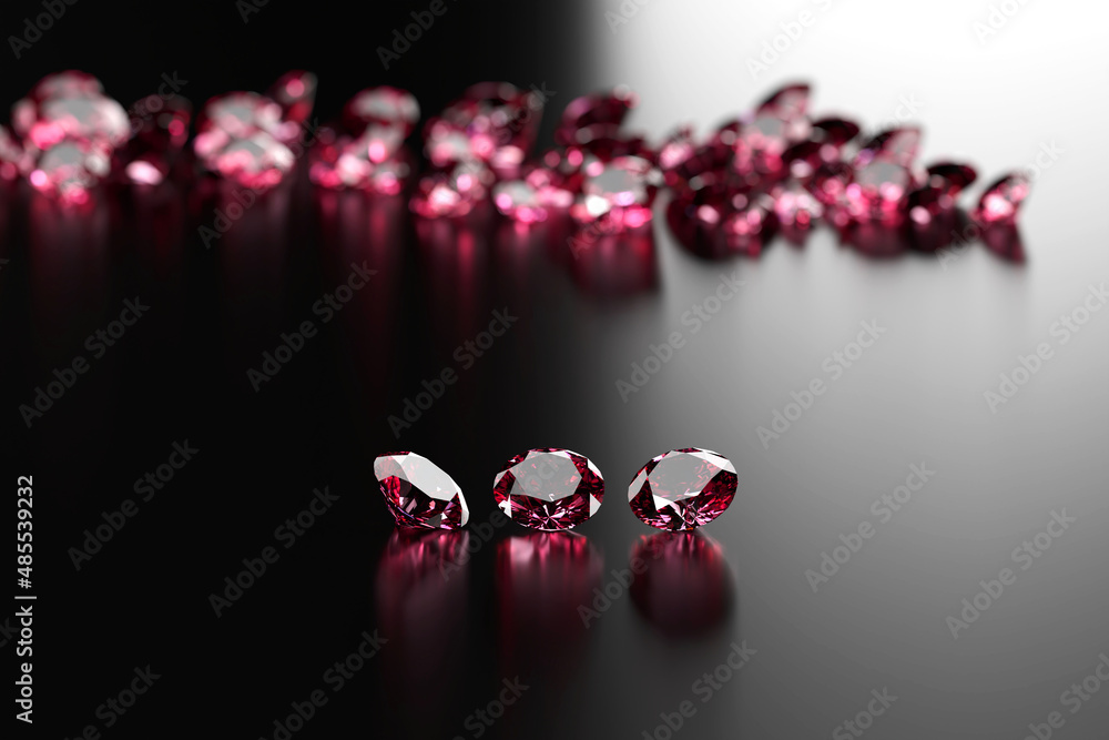 Ruby Gem Diamond组放置在深色背景上进行三维渲染