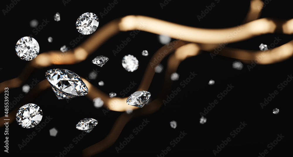 White diamonds group falling soft focus bokeh background 3d rendering