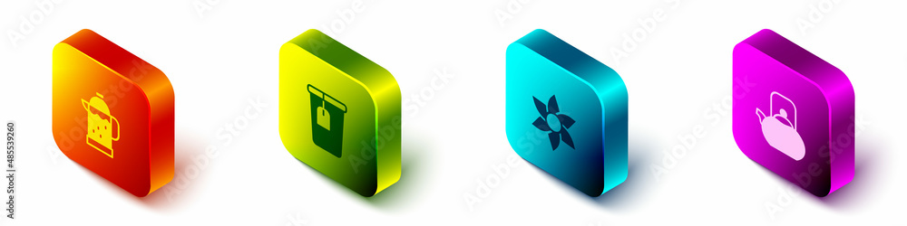 Set Isometric French press，Cup with tea bag，Flower and Kettle handle icon.Vvector（设置等距法式压榨机，带茶包的杯子，花