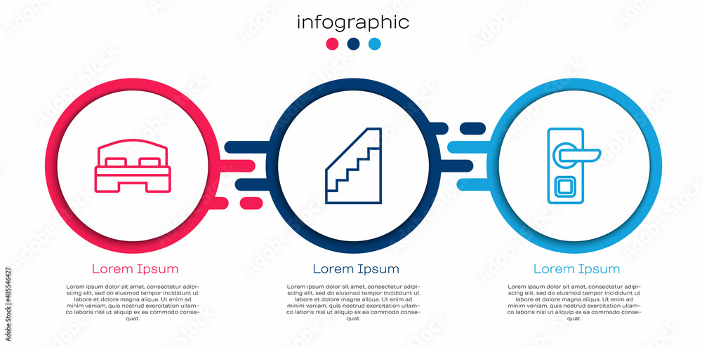 酒店客房床、楼梯和数字门锁。商业信息图模板。Vector