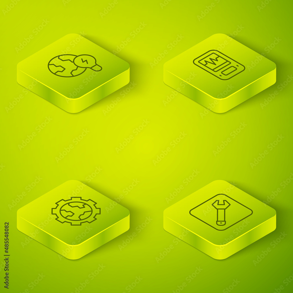 Set Isometric line Seismograph, Gear wheels and earth, Wrench spanner and Global planet with bulb ic