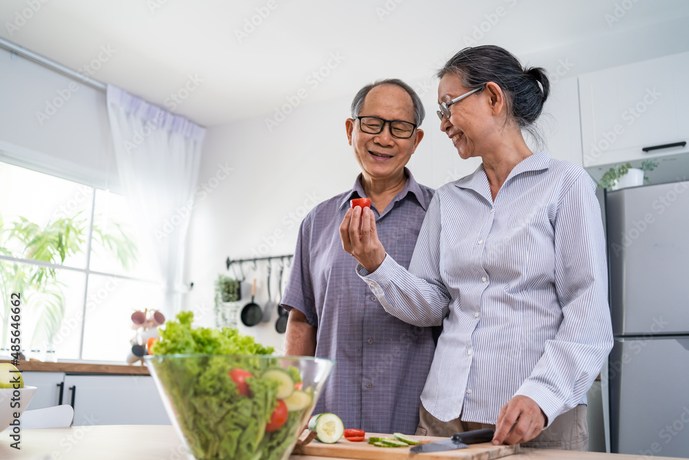 爱亚洲的老年夫妇系着围裙在厨房做饭。