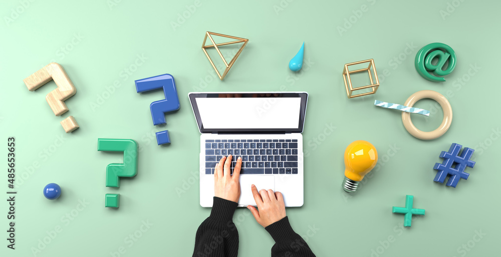 Question marks and geometric shapes with person using a laptop computer from above