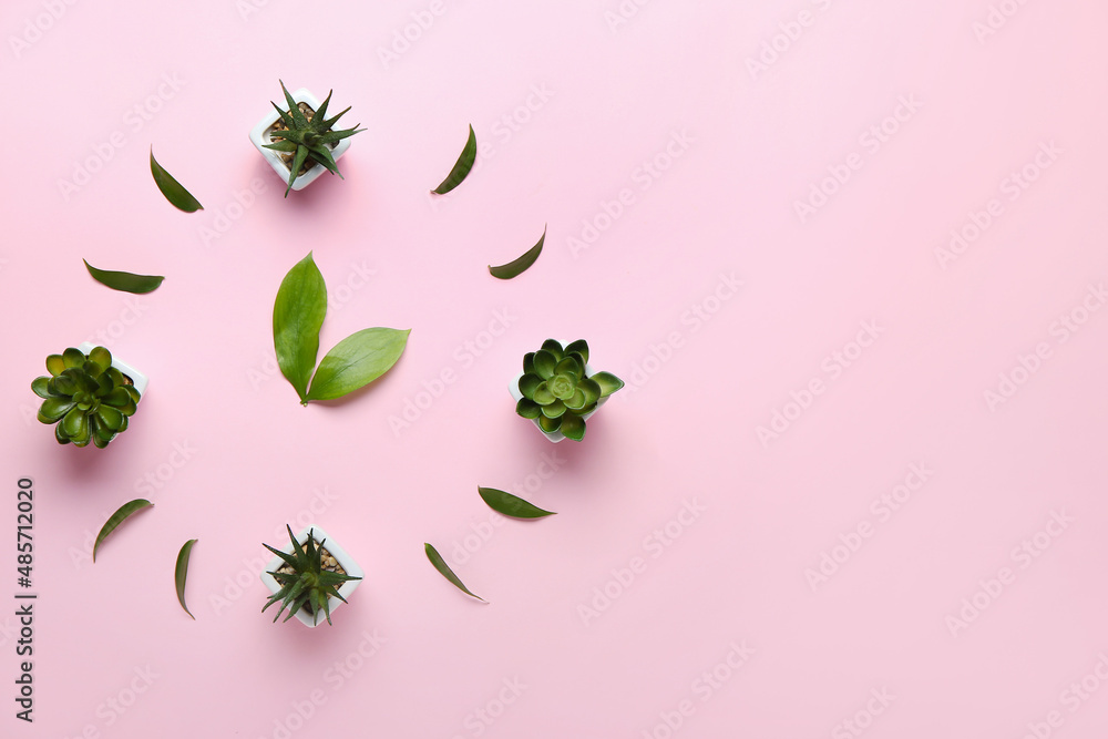 Clock made of houseplants and leaves on pink background