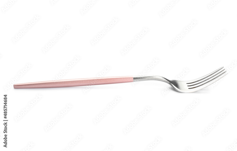 Stainless steel fork with pink handle on white background