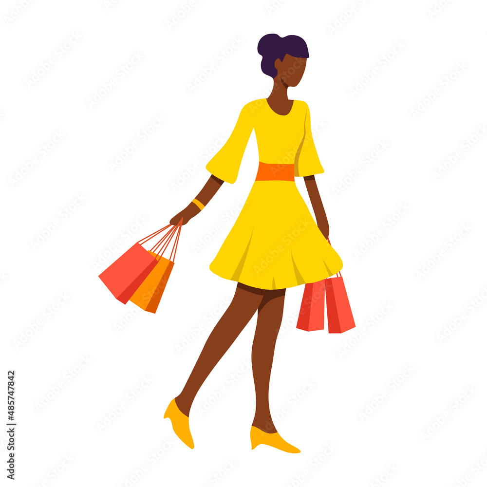 Drawing of girl with bags in yellow dress, fashionable girl going shopping, business woman in store,