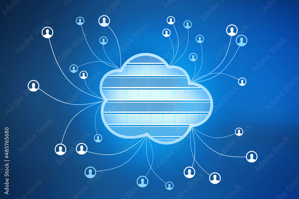 模糊蓝色背景下的抽象云计算全息图。技术、数据库、通信和