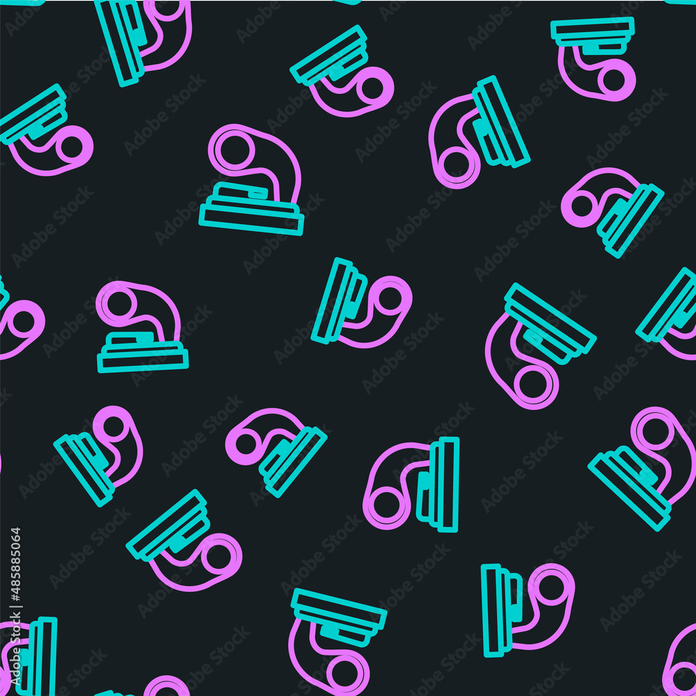 Line Old gramophone icon isolated seamless pattern on black background. Vector