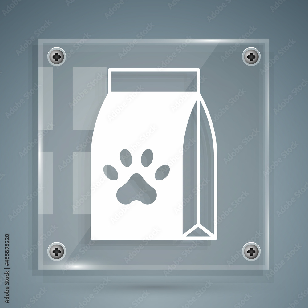 White Bag of food for pet icon isolated on grey background. Food for animals. Dog bone sign. Pet foo