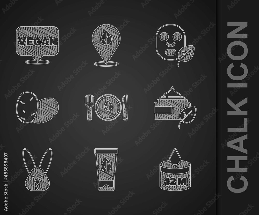 Set Vegan food diet, Organic cosmetic, Animal cruelty free, Potato, Facial mask and icon. Vector