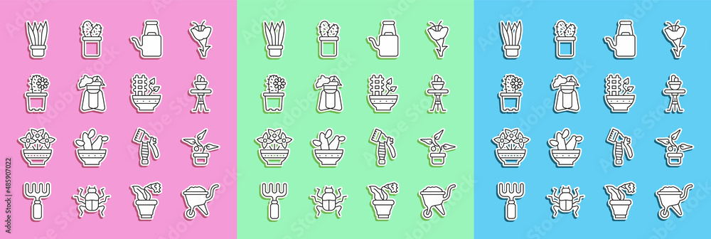 Set line Wheelbarrow with dirt, Plant in pot, on table, Watering can, stand, Cactus peyote, and icon