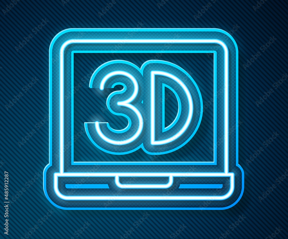 Glowing neon line 3D printer icon isolated on blue background. 3d printing. Vector